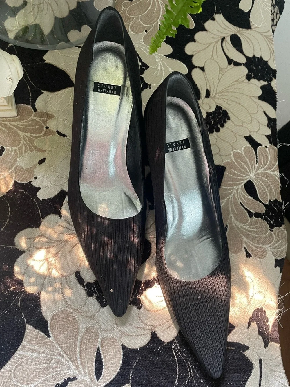 Stuart Weitzman Black Pointed Toe Embellished Kitten Heels